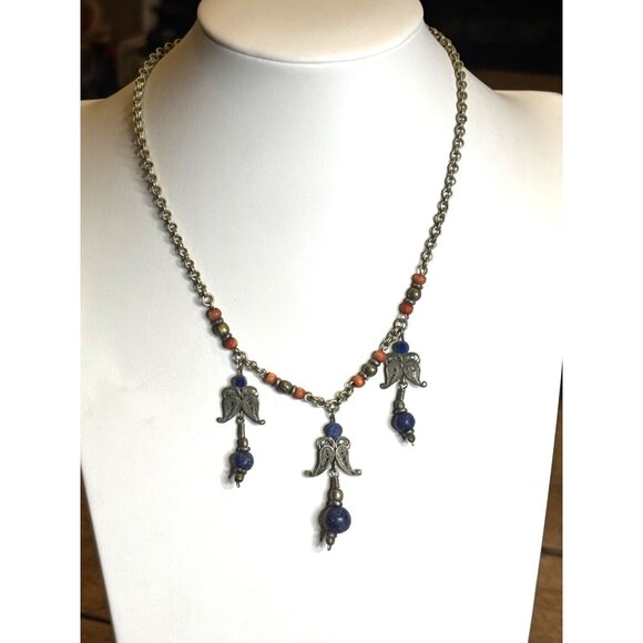 Vintage Angel Pendant Necklace With Lapis Beads & Brass Chain - Picture 11 of 16